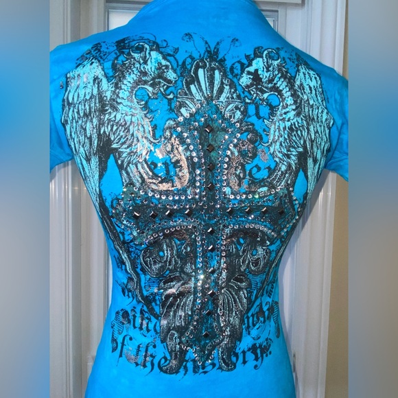 Swarovski Crystal Embellished Cross T Shirt For Women, Blue Short Sleeve Shirt - Picture 16 of 16